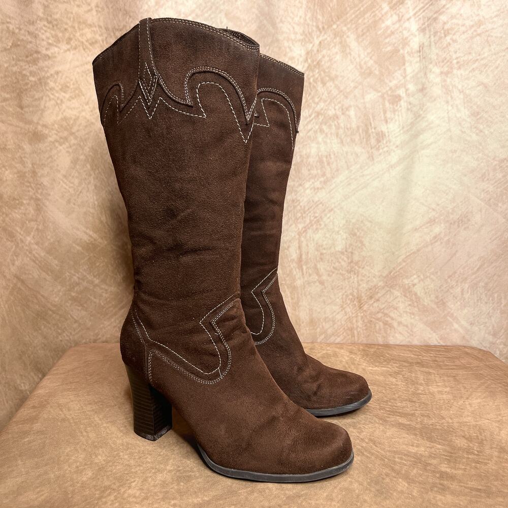Vintage Y2K Faux Suede Heeled Calf High Western Boots Brown Embroidered Boho